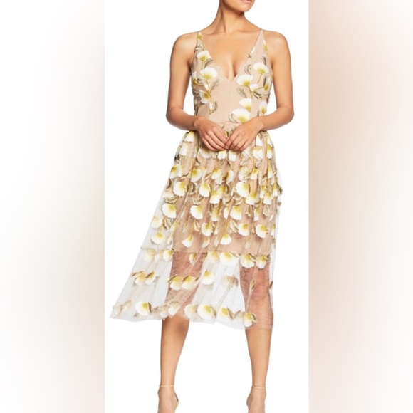 Dress the Population Betsy Lily Embroidered Midi Dress Feminine Nude Neutral - Picture 1 of 12